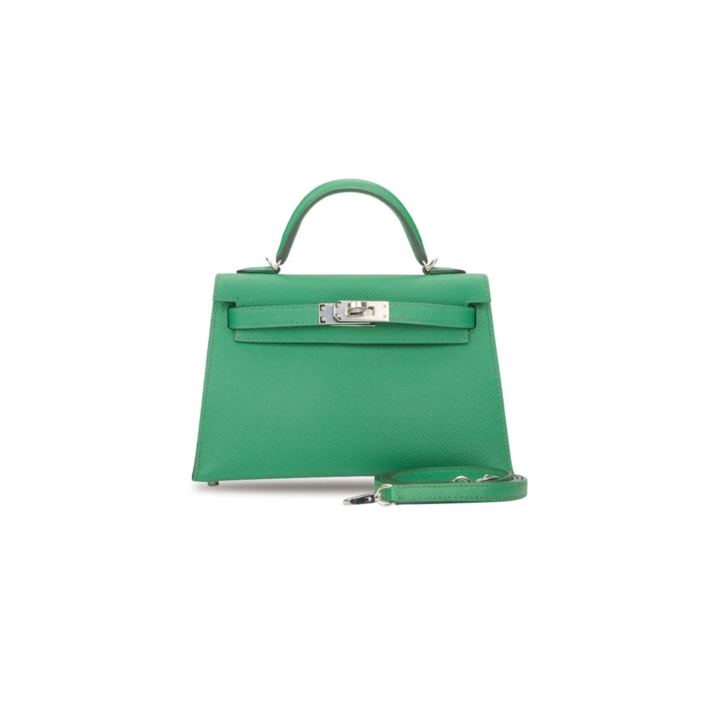 HERMÈS MINI KELLY II EPSOM COMIC GREEN SILVER BUCKLE (19*12*5.5cm)